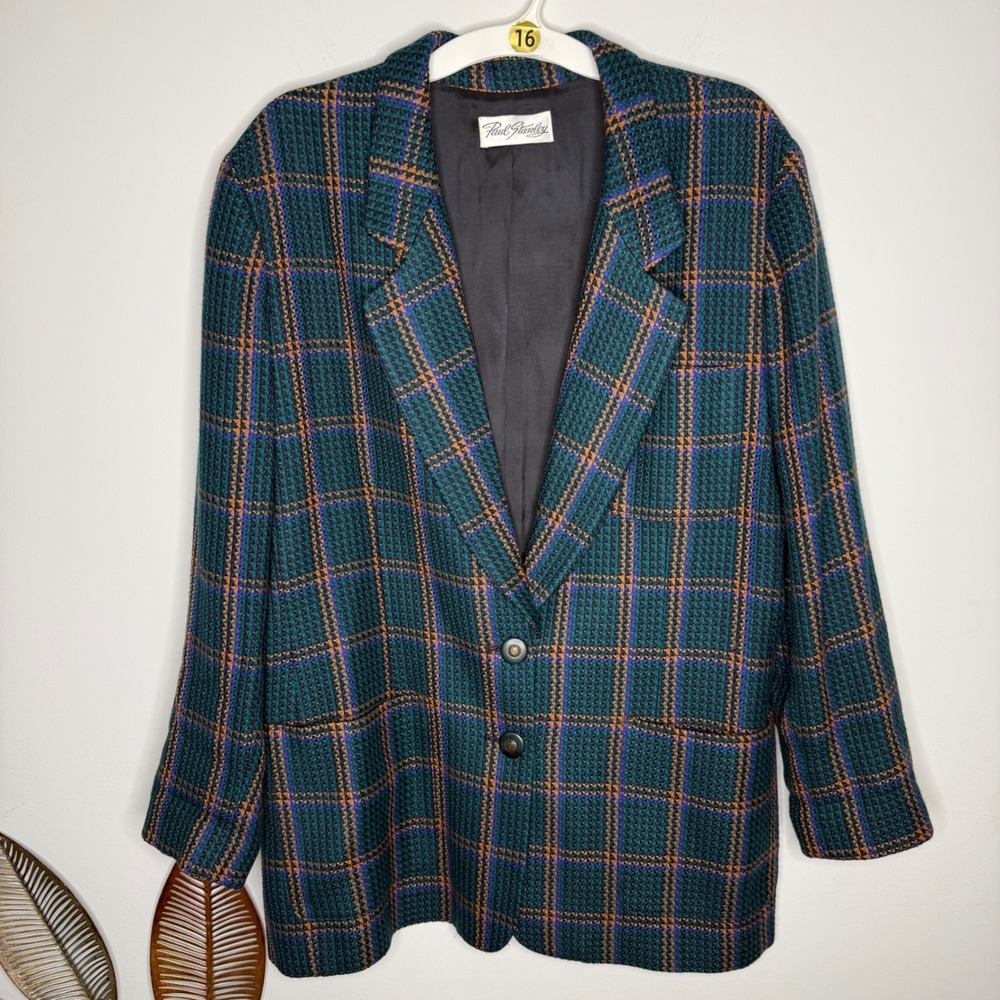Paul‎ Stanley Vintage Wool Blend Plaid Blazer Green Blue Orange Size 16 USA Made